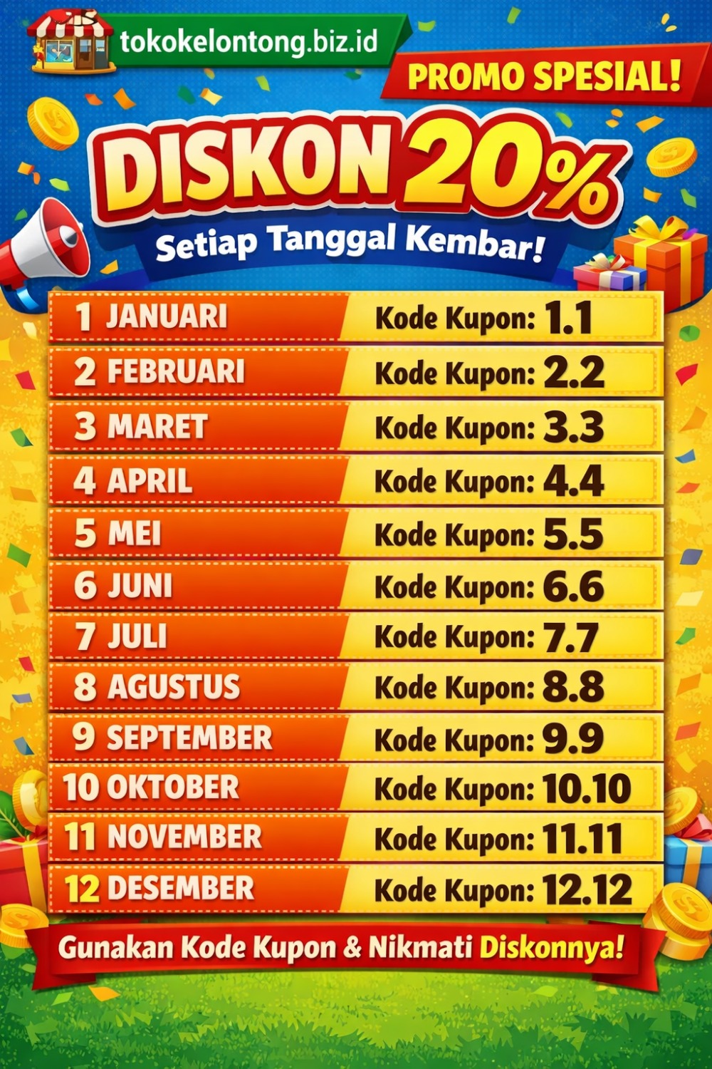 š- Promo Spesial Tokokelontong: Diskon 20% Setiap Tanggal Cantik! š š- Promo Spesial Tokokelontong: Diskon 20% Setiap Tanggal Cantik! š