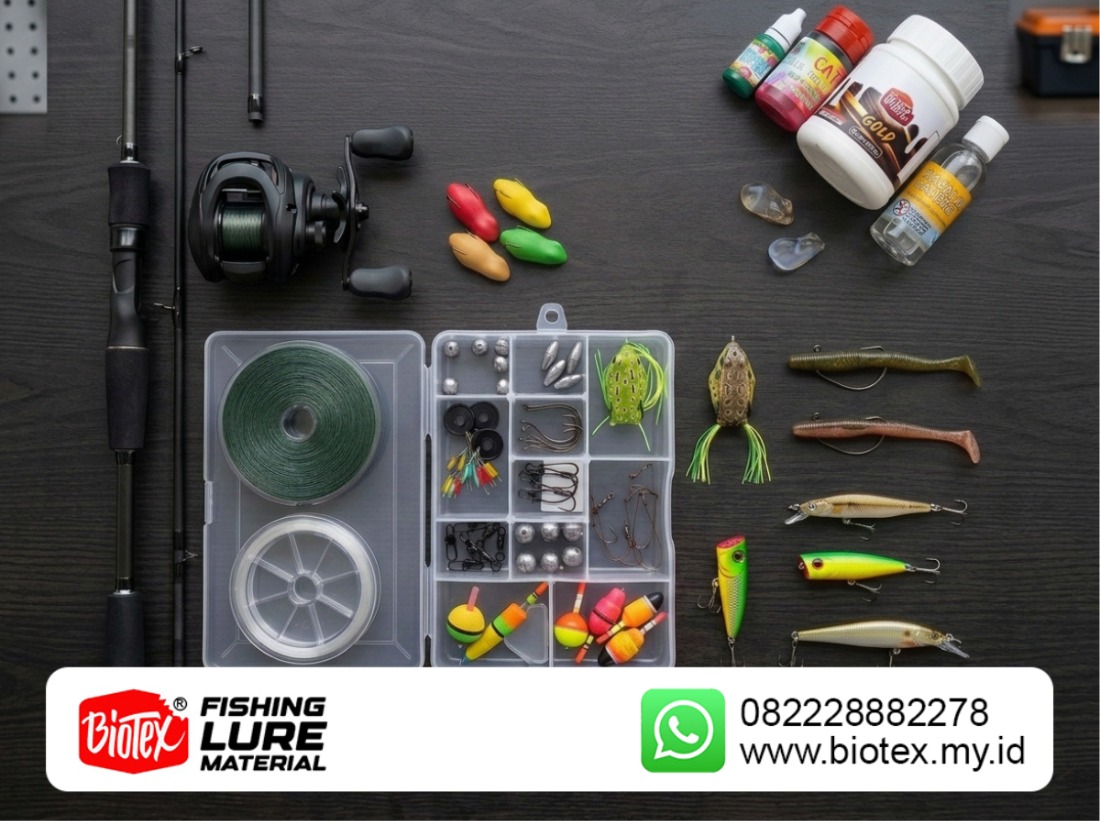 Berbagai macam umpan, reel, serta bahan untuk bikin umpan pancing lateks Biotex. Berbagai macam umpan, reel, serta bahan untuk bikin umpan pancing lateks Biotex.
