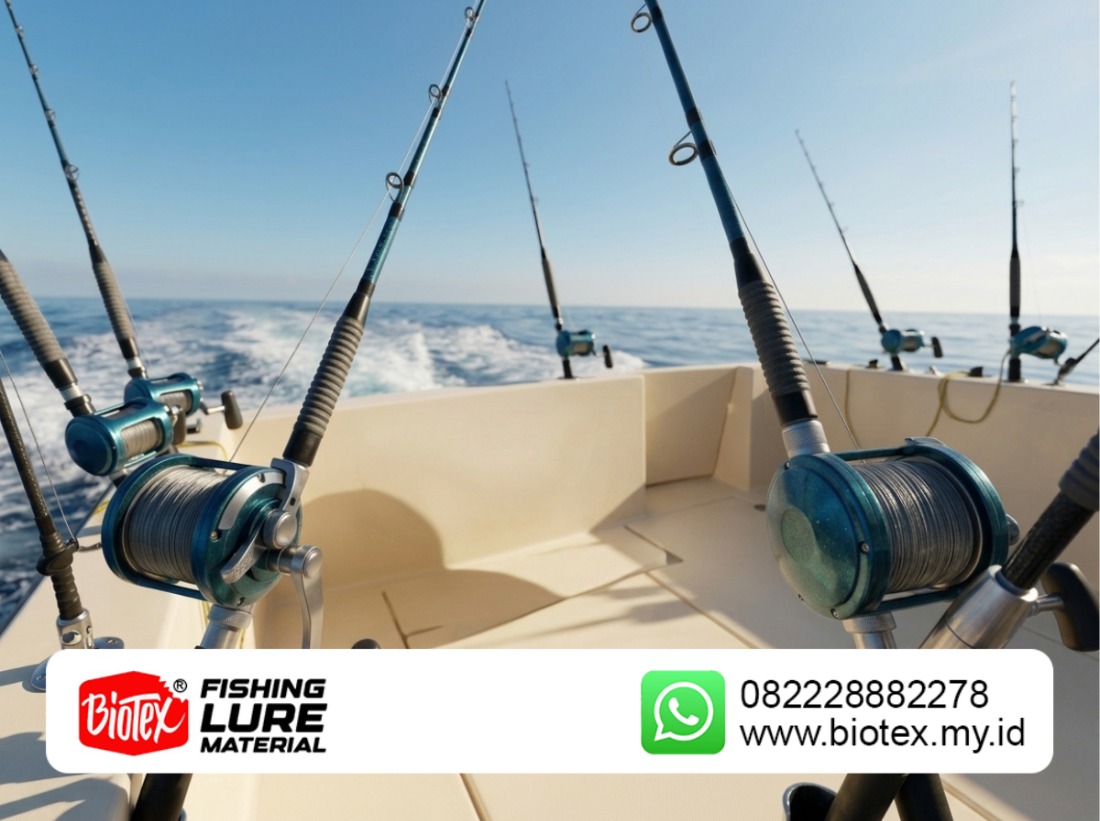 Mancing trolling menggunakan kapal motor di laut lepas. Mancing trolling menggunakan kapal motor di laut lepas.