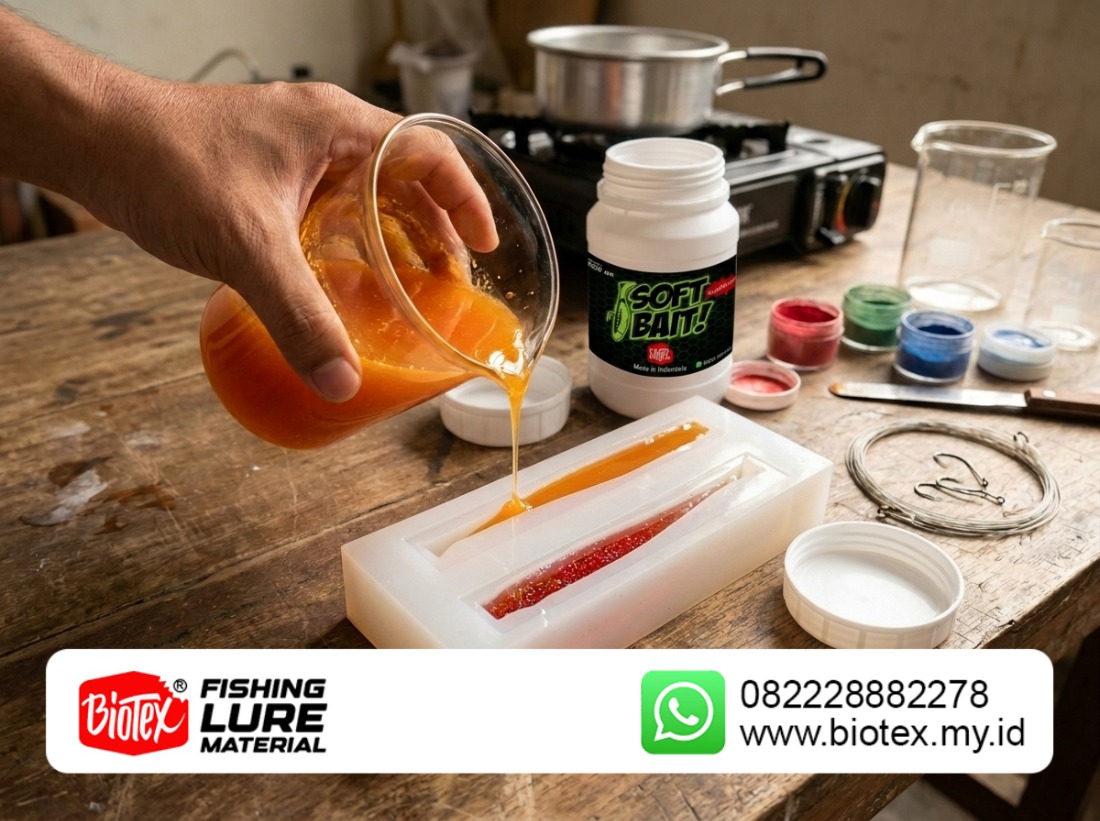 Proses menuangkan bahan SBA Biotex ke dalam cetakan sebelum menjadi soft lure Proses menuangkan bahan SBA Biotex ke dalam cetakan sebelum menjadi soft lure