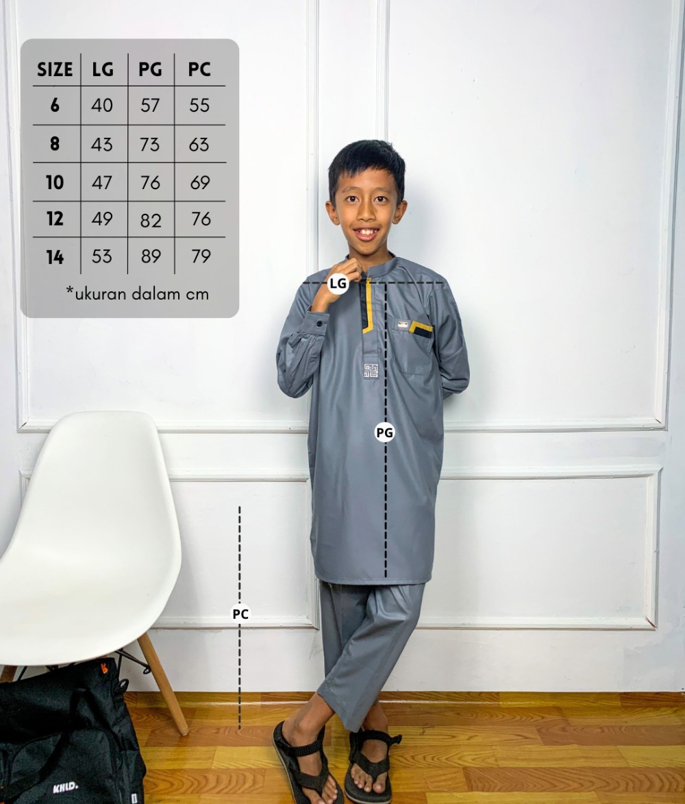 Size chart Gamis Set Pakistan Rouhan for Kids