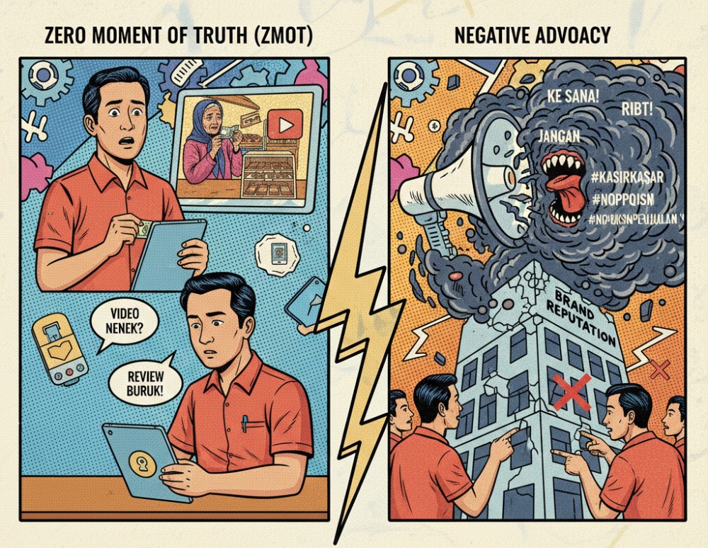 Ilustrasi ZMOT hingga negative advocacy (Gemini)