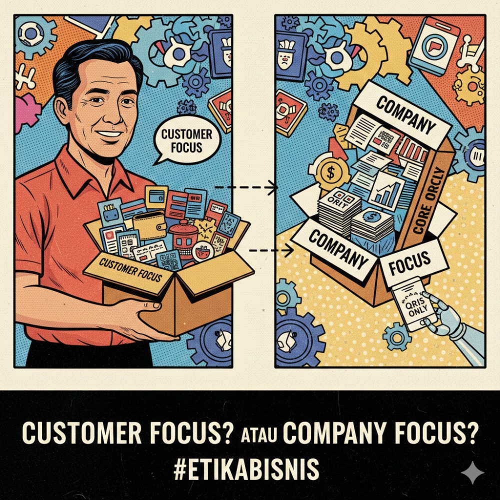 Ilustrasi Costumer Focus vs. Company Focus (Gemini)