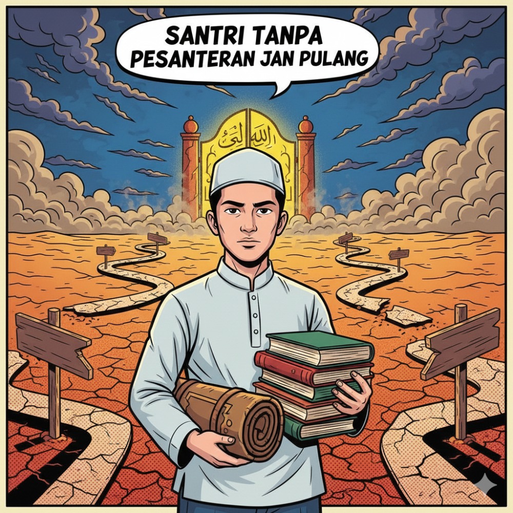 Ilustrasi santri tanpa pesantren dan jalan pulang (Gemini)