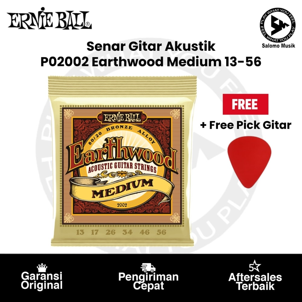 Senar Gitar Akustik Ernie Ball P02002 Earthwood Medium 80/20 Bronze 13-56 + Free Pick Gitar