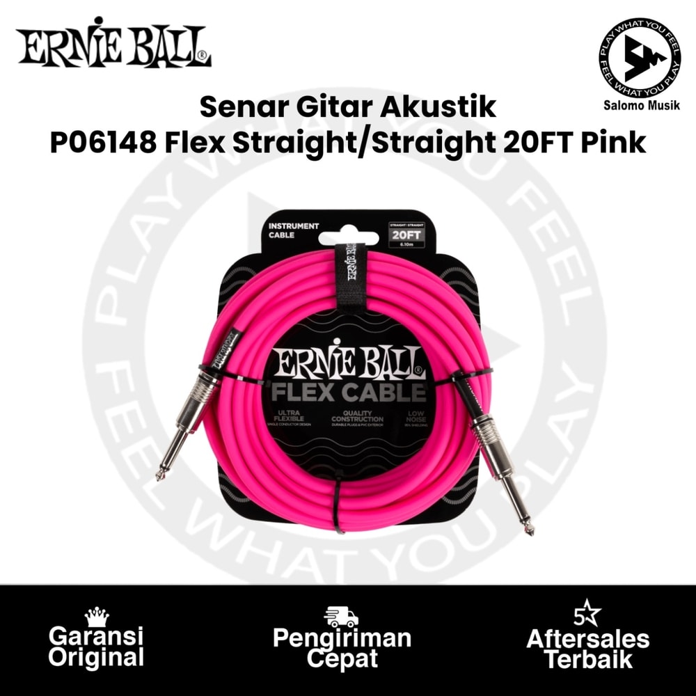 Kabel Instrumen Ernie Ball P06418 Flex Instrument Cable Straight/Straight 20FT Pink