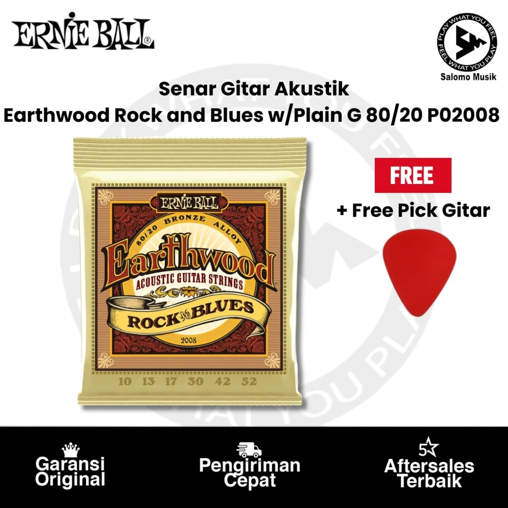 Senar Gitar Akustik Ernie Ball P02008 Earthwood Rock and Blues w/Plain G 80/20 Bronze + Free Pick Gitar
