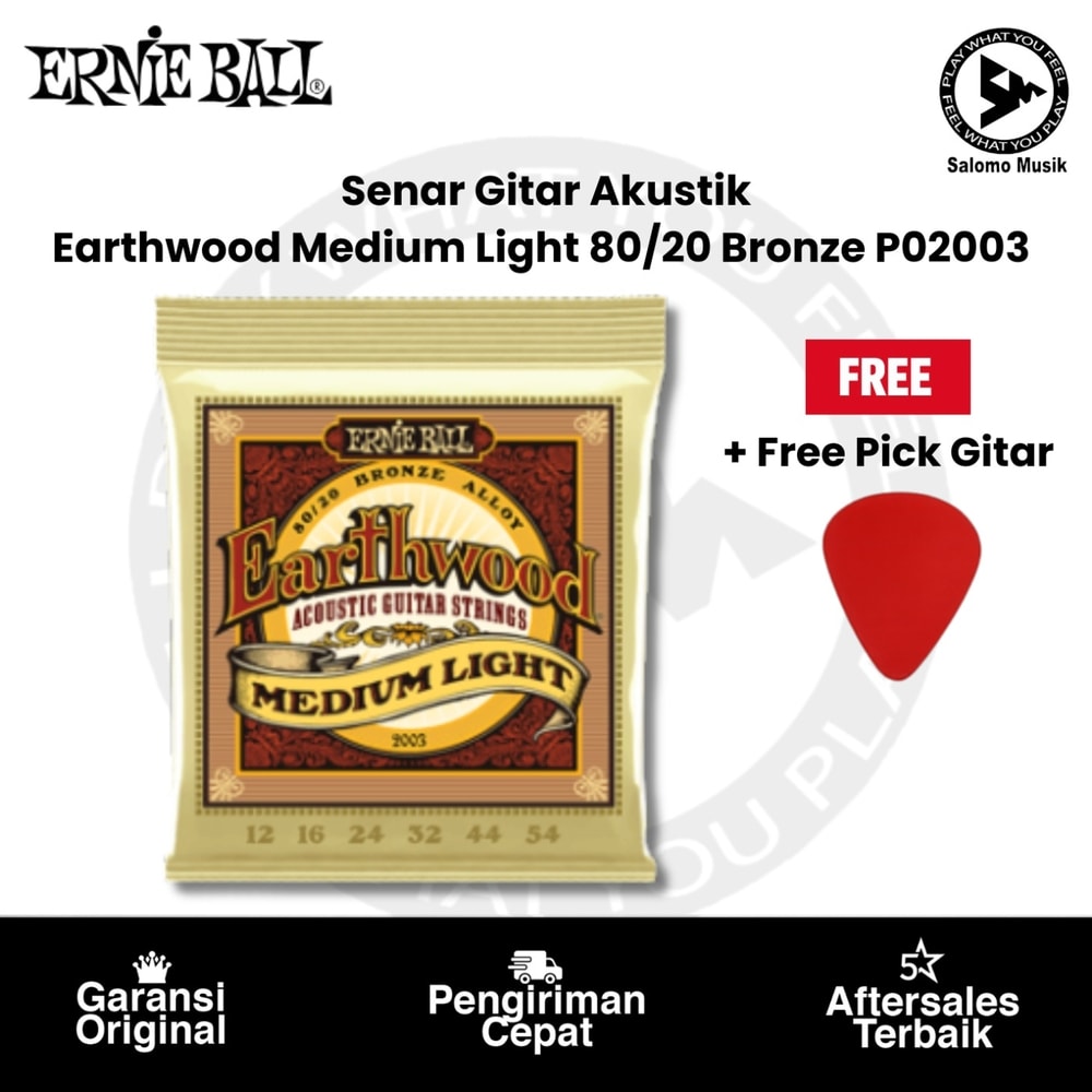 Senar Gitar Akustik Ernie Ball P02003 Earthwood Medium Light 80/20 Bronze + Free Pick Gitar