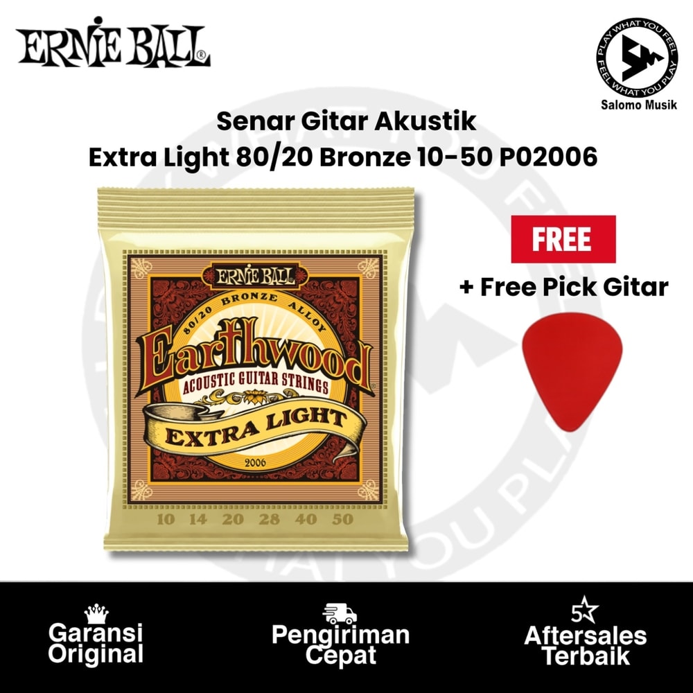 Senar Gitar Akustik Ernie Ball P02006 Earthwood Extra Light 80/20 Bronze 10-50 + Free Pick Gitar