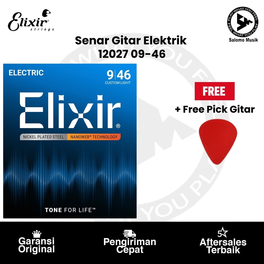 Senar Gitar Elektrik Elixir 12027 Nanoweb Custom Light 09-46 Original + Free Pick Gitar