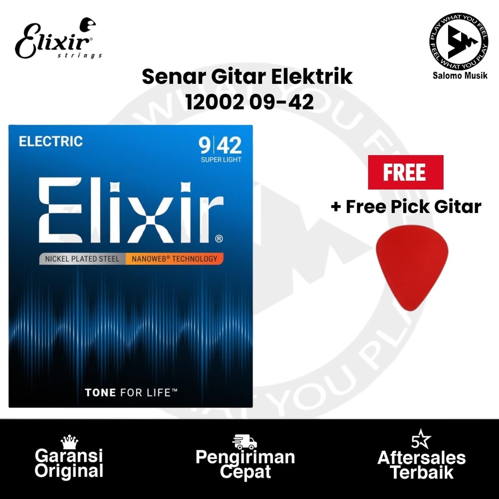 Senar Gitar Elektrik Elixir 12002 Nanoweb Super Light 09-42 + Free Pick Gitar