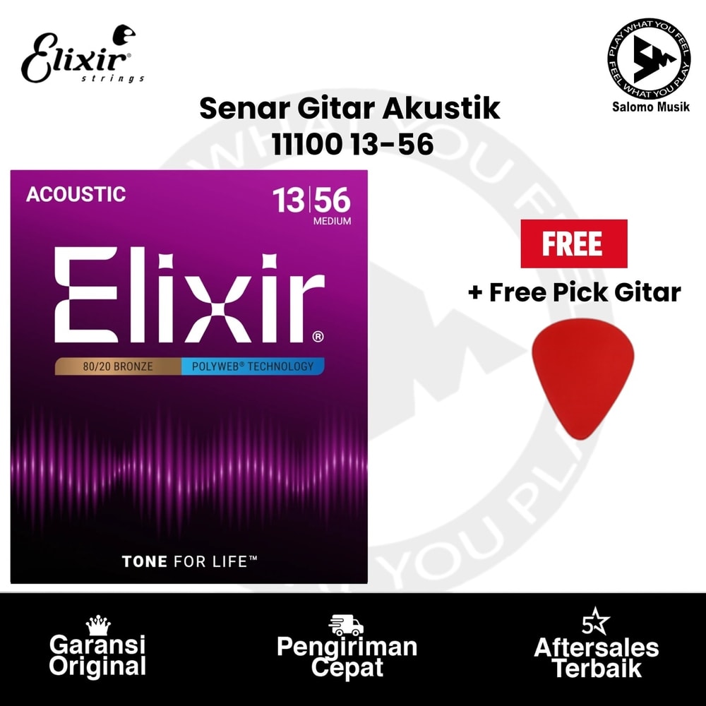 Senar Gitar Akustik Elixir 11100 Polyweb 80/20 Bronze Medium 13-56 + Free Pick Gitar