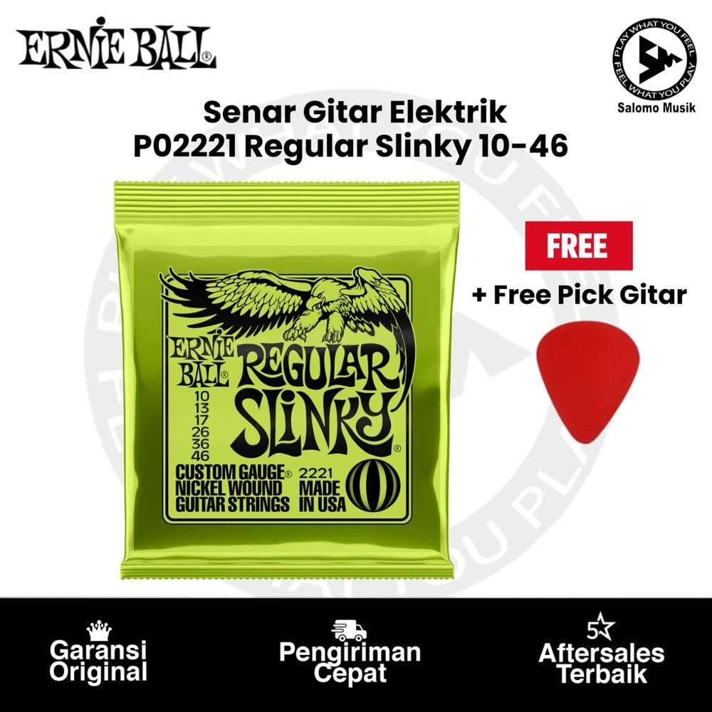 Senar Gitar Elektrik Ernie Ball P02221 Regular Slinky Nickel Wound 10-46 Original + Free Pick Gitar