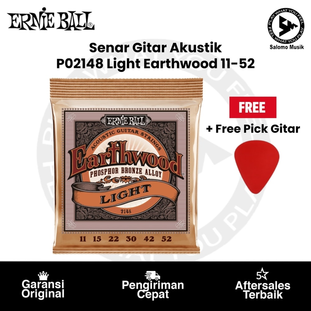 Senar Gitar Akustik Ernie Ball P02148 Earthwood Light Phosphor Bronze 11-52 + Free Pick Gitar