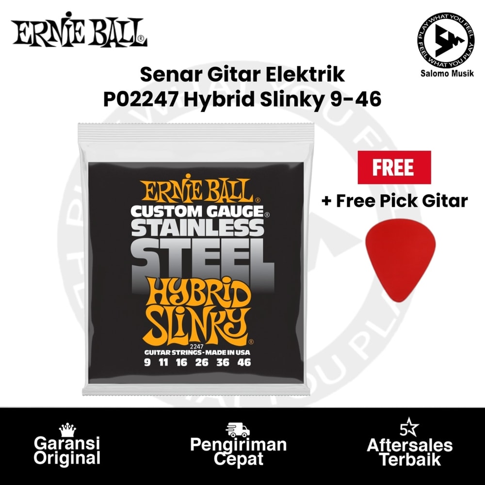 Senar Gitar Elektrik Ernie Ball P02247 Hybrid Slinky Stainless Steel Wound 9-46 + Free Pick Gitar