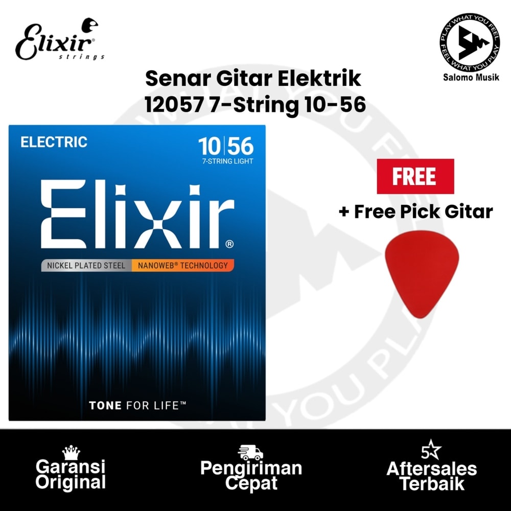 Senar Gitar Elektrik Elixir 12057 Nanoweb Light 7-String 10-56 + Free Pick Gitar