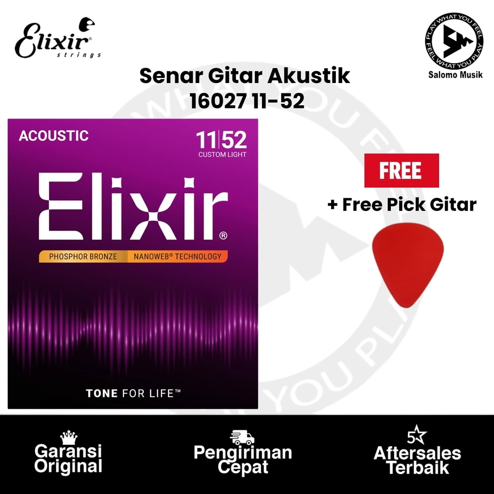 Senar Gitar Akustik Elixir 16027 Nanoweb Phosphor Bronze Custom Light 11-52 + Free Pick Gitar