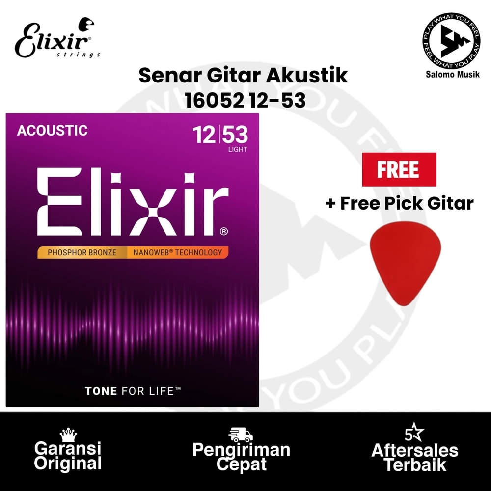 Senar Gitar Akustik Elixir 16052 Nanoweb Phosphor Bronze Light 12-53 + Free Pick Gitar