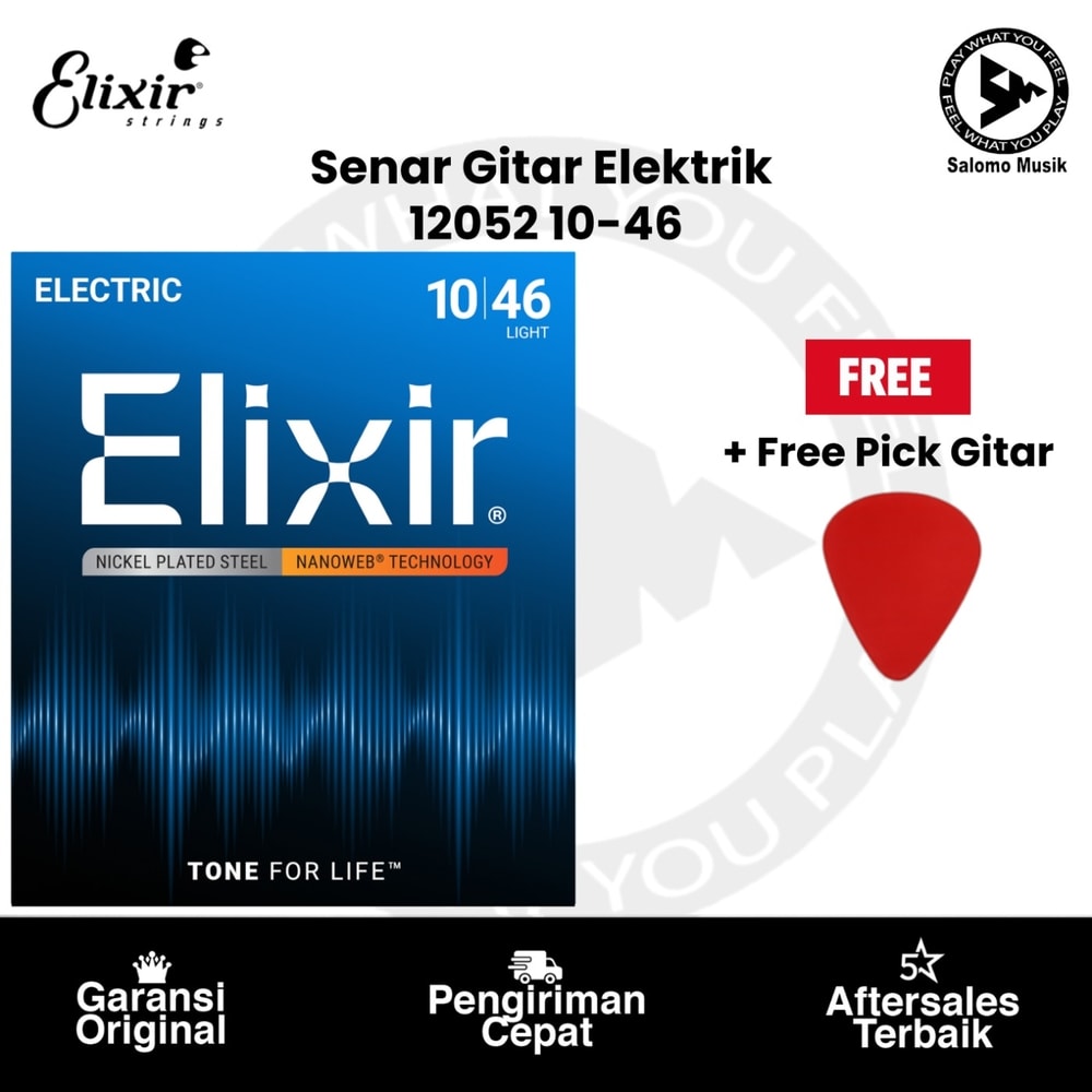 Senar Gitar Elektrik Elixir 12052 Nanoweb Light 10-46 Original + Free Pick Gitar