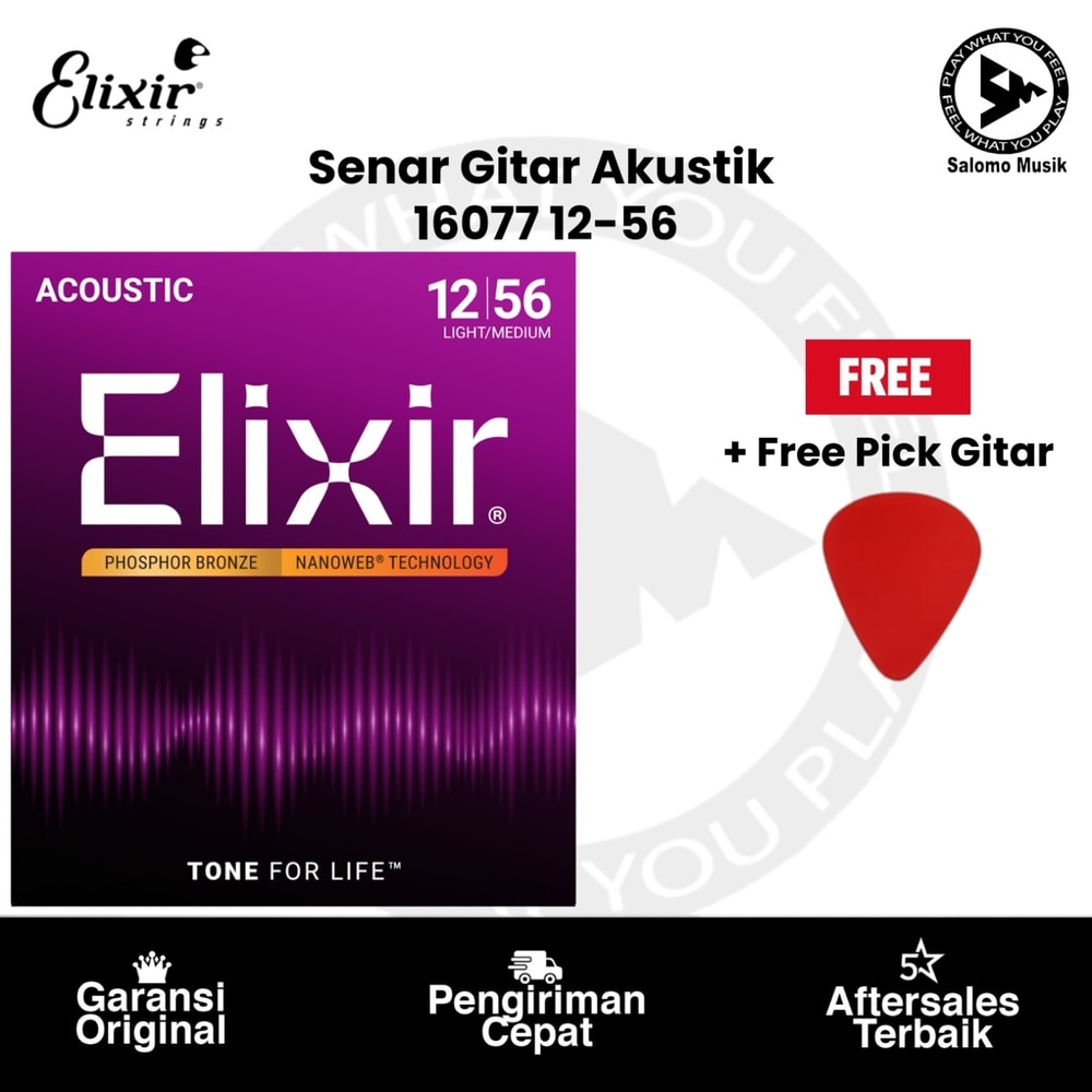 Senar Gitar Akustik Elixir 16077 Nanoweb Phosphor Bronze Light/Medium 12-56 + Free Pick Gitar