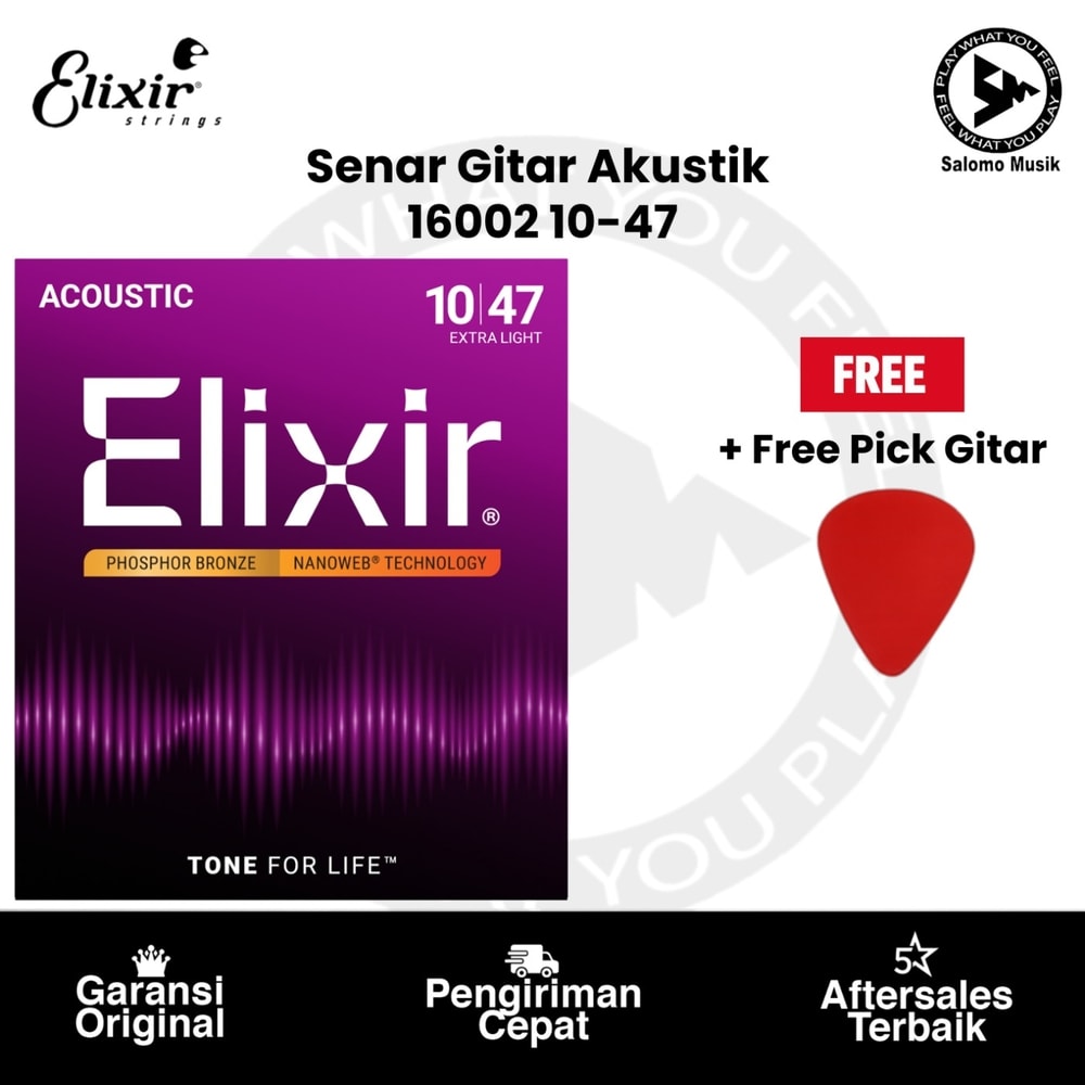 Senar Gitar Akustik Elixir 16002 Nanoweb Phosphor Bronze Extra Light 10-47 Original + Free Pick Gitar