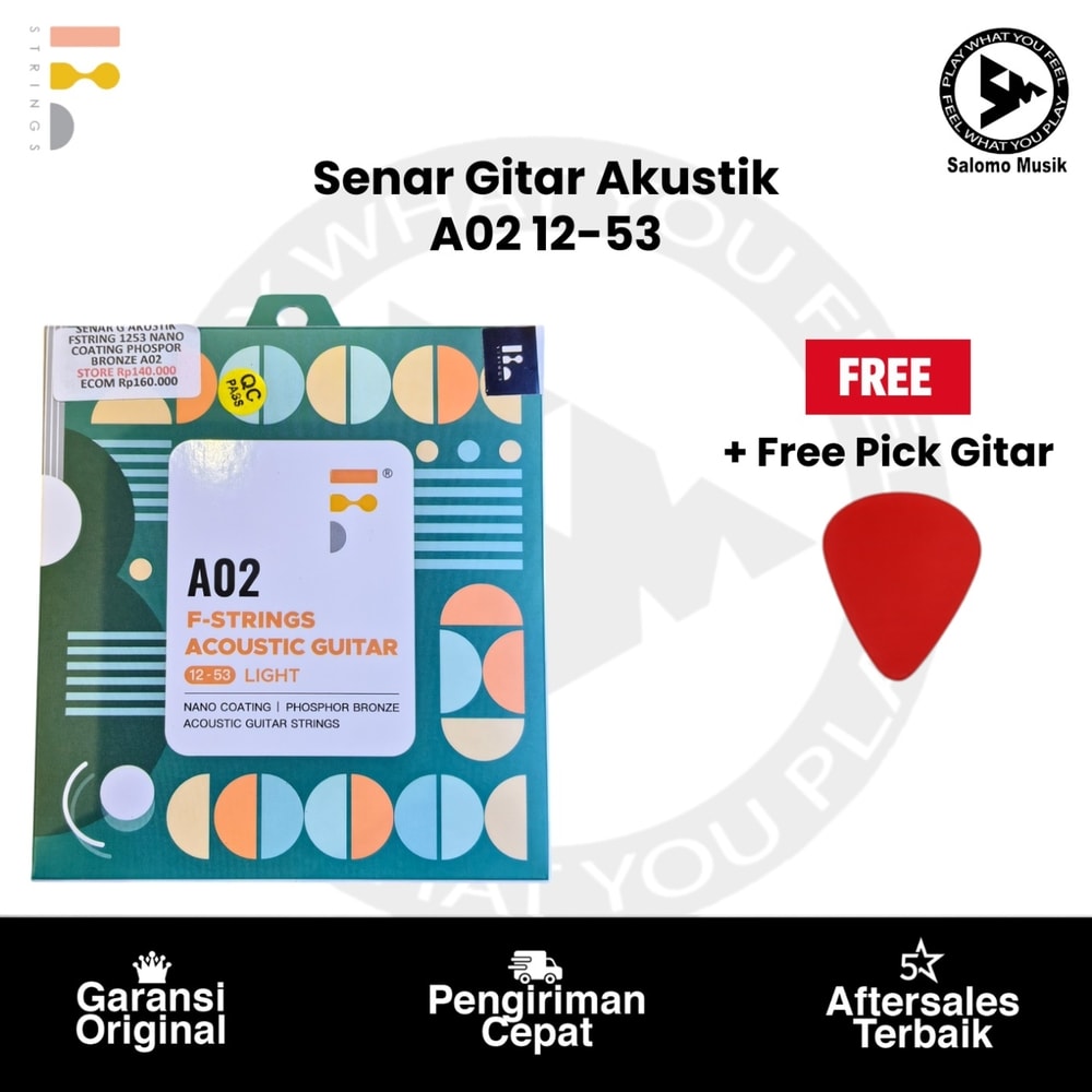 Senar Gitar Akustik F-Strings A02 Phosphor Bronze Winding Light 12-53 Original + Free Pick Gitar