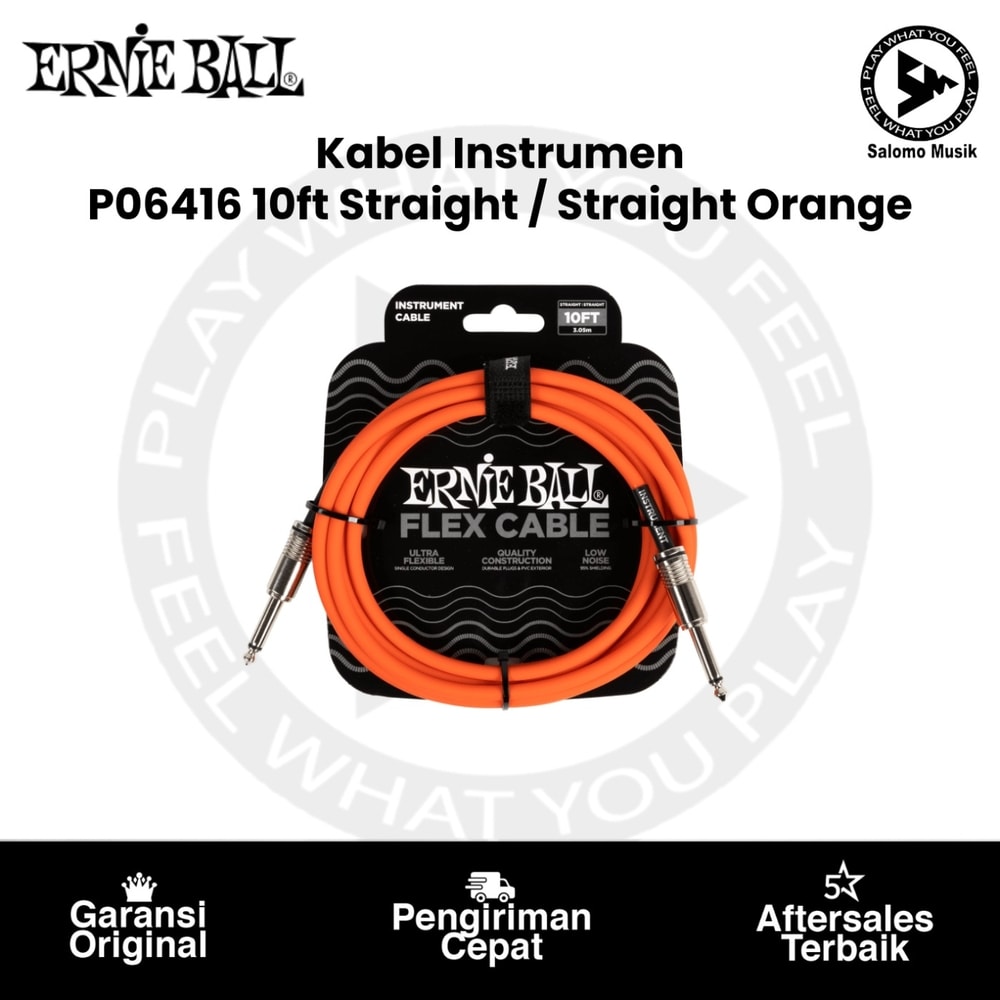 Kabel Instrumen Ernie Ball P06416 10ft Flex Straight to Straight Instrument Cable Orange