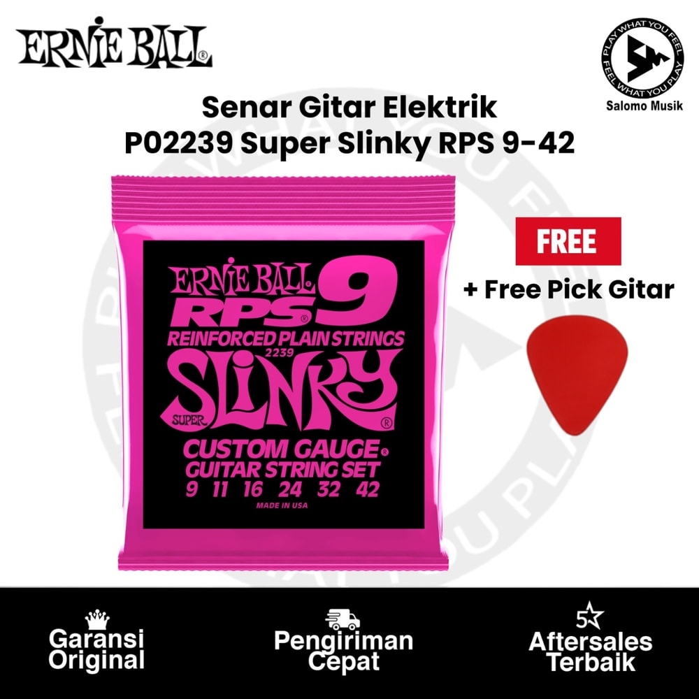 Senar Gitar Elektrik Ernie Ball P02239 Super Slinky RPS Nickel Wound Electric Guitar Strings 9-42 + Free Pick Gitar
