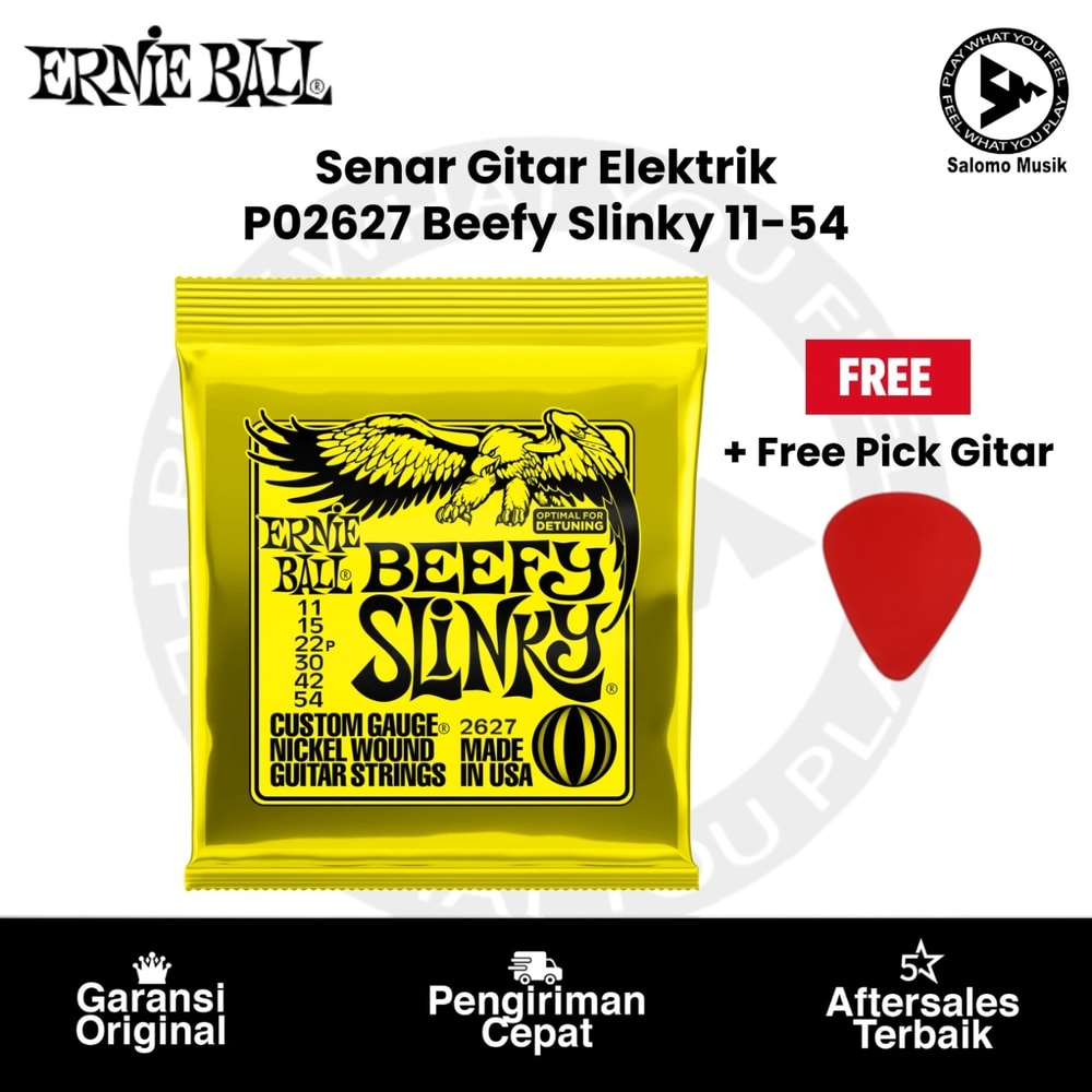 Senar Gitar Elektrik Ernie Ball P02627 Beefy Slinky Nickel Wound Electric Guitar Strings 11-54 + Free Pick Gitar