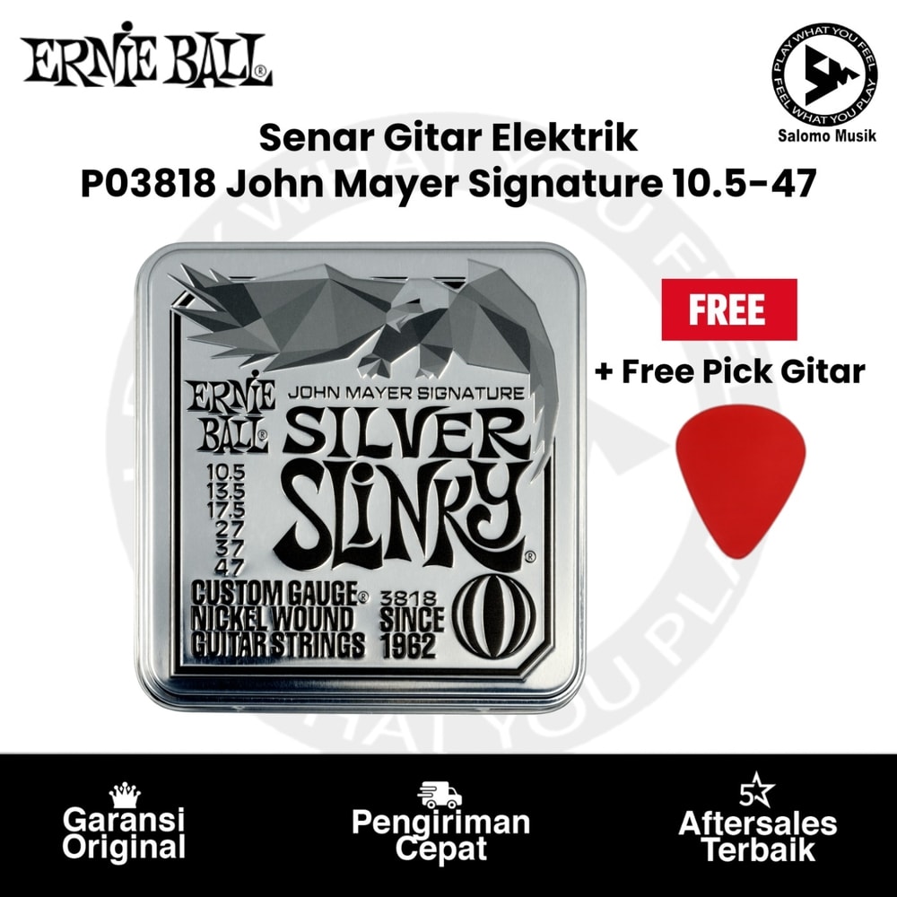 Senar Gitar Elektrik Ernie Ball P03818 John Mayer Silver Slinky Nickel Wound 10.5-47 3-Pack Tin + Free Pick Gitar