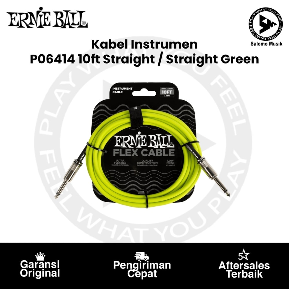 Kabel Instrumen Ernie Ball P06414 10ft Flex Straight to Straight Instrument Cable Green