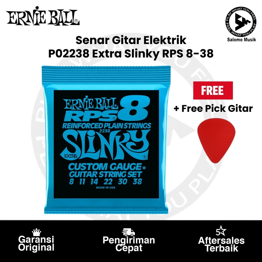 Senar Gitar Elektrik Ernie Ball P02238 Extra Slinky RPS Nickel Wound Electric Guitar Strings, 8-38 + Free Pick Gitar
