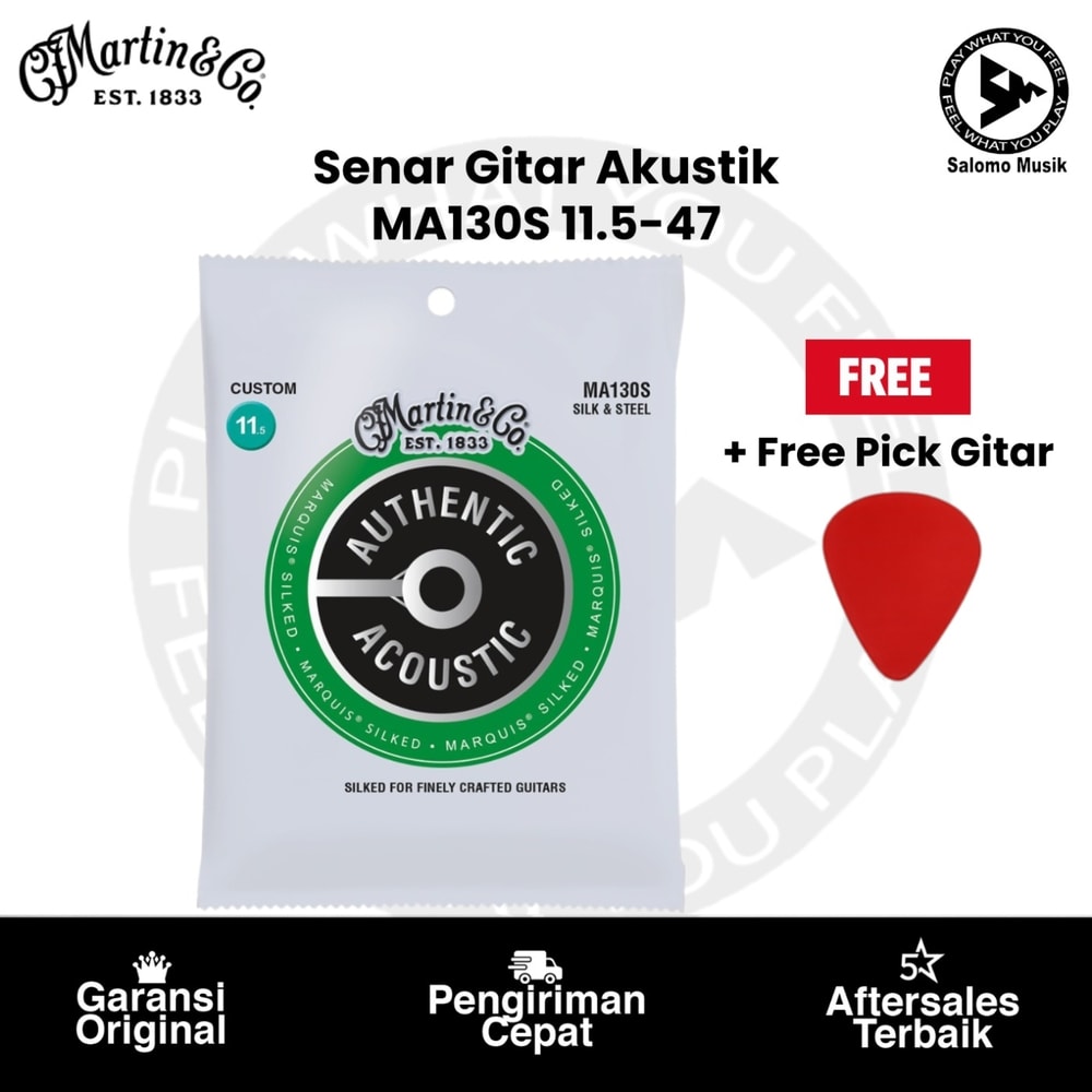 Senar Gitar Akustik Martin MA130S Marquis Silked Silk and Steel Authentic Acoustic Guitar Strings Silk and Steel 11.5-47 + Free Pick Gitar