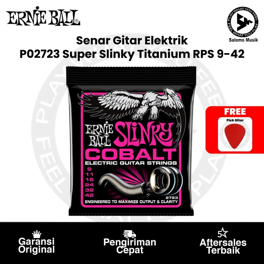Senar Gitar Elektrik Ernie Ball P02723 Super Slinky Titanium RPS Coated Electric Guitar Strings 9-42 + Free Pick Gitar