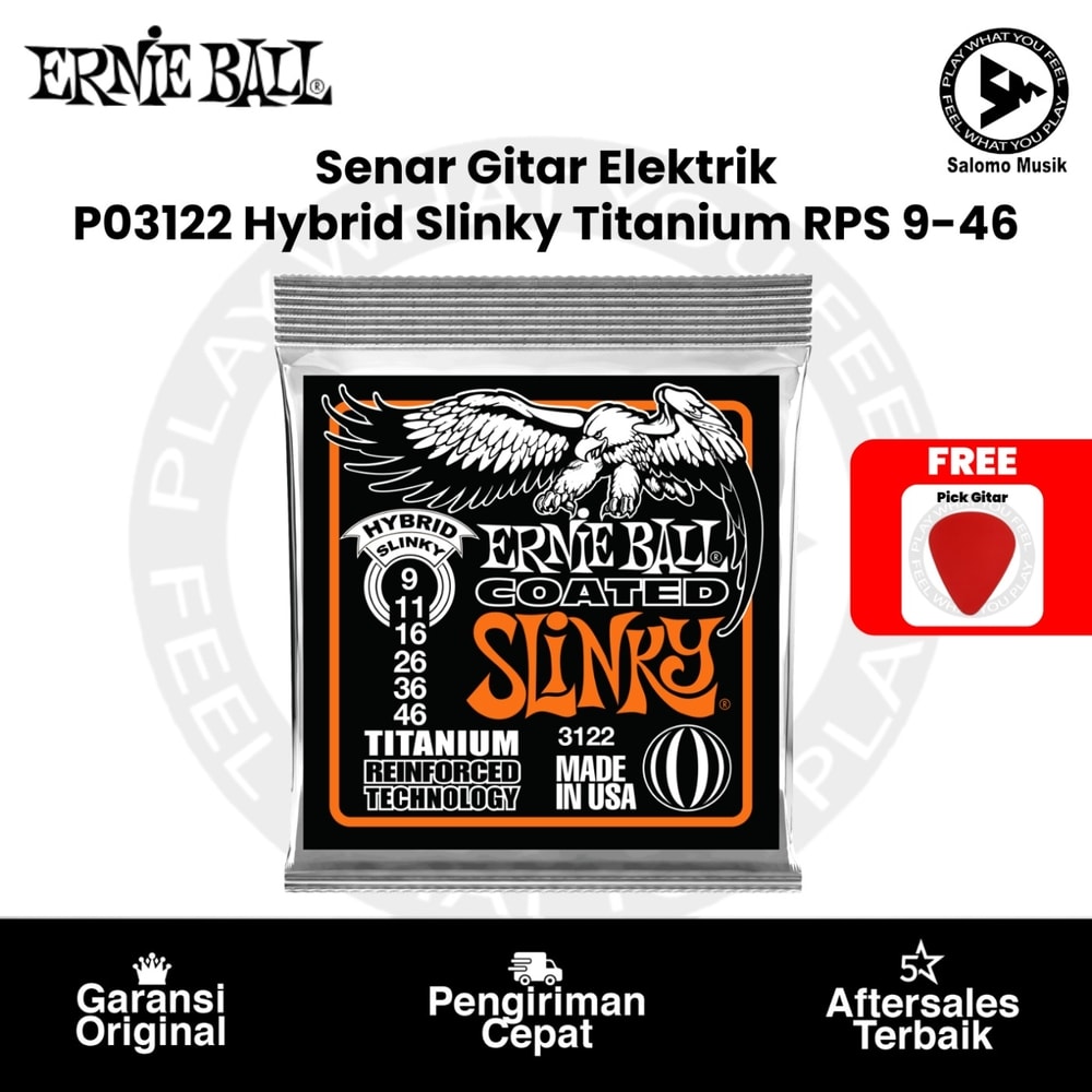 Senar Gitar Elektrik Ernie Ball P03122 Hybrid Slinky Titanium RPS Coated Electric Guitar Strings 9-46 + Free Pick Gitar