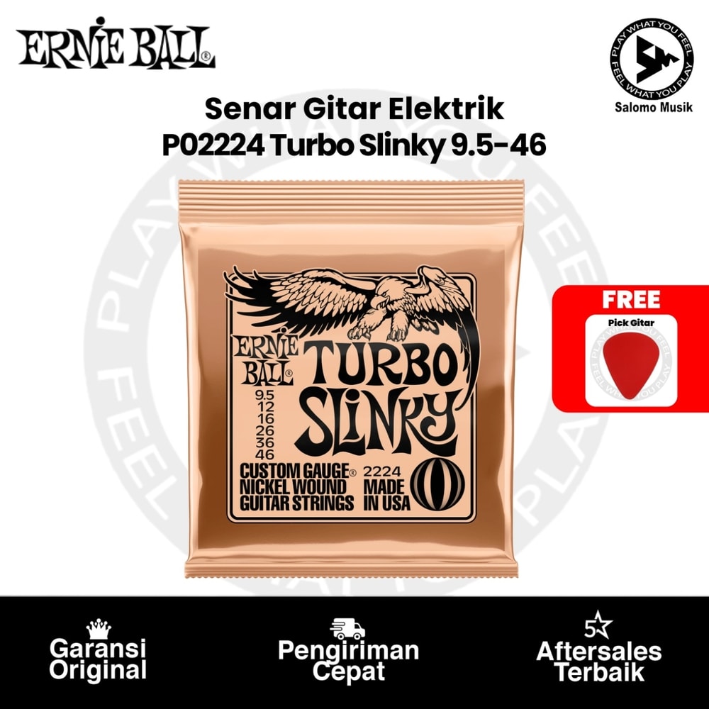 Senar Gitar Elektrik Ernie Ball P02224 Turbo Slinky Nickel Wound 9.5-46 Original + Free Pick Gitar