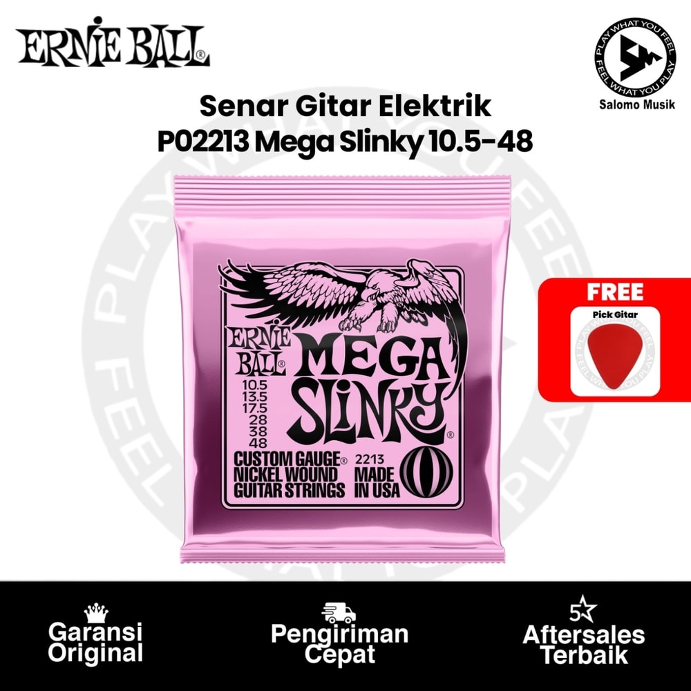 Senar Gitar Elektrik Ernie Ball P02213 Mega Slinky Nickel Wound 10.5-48 Original + Free Pick Gitar