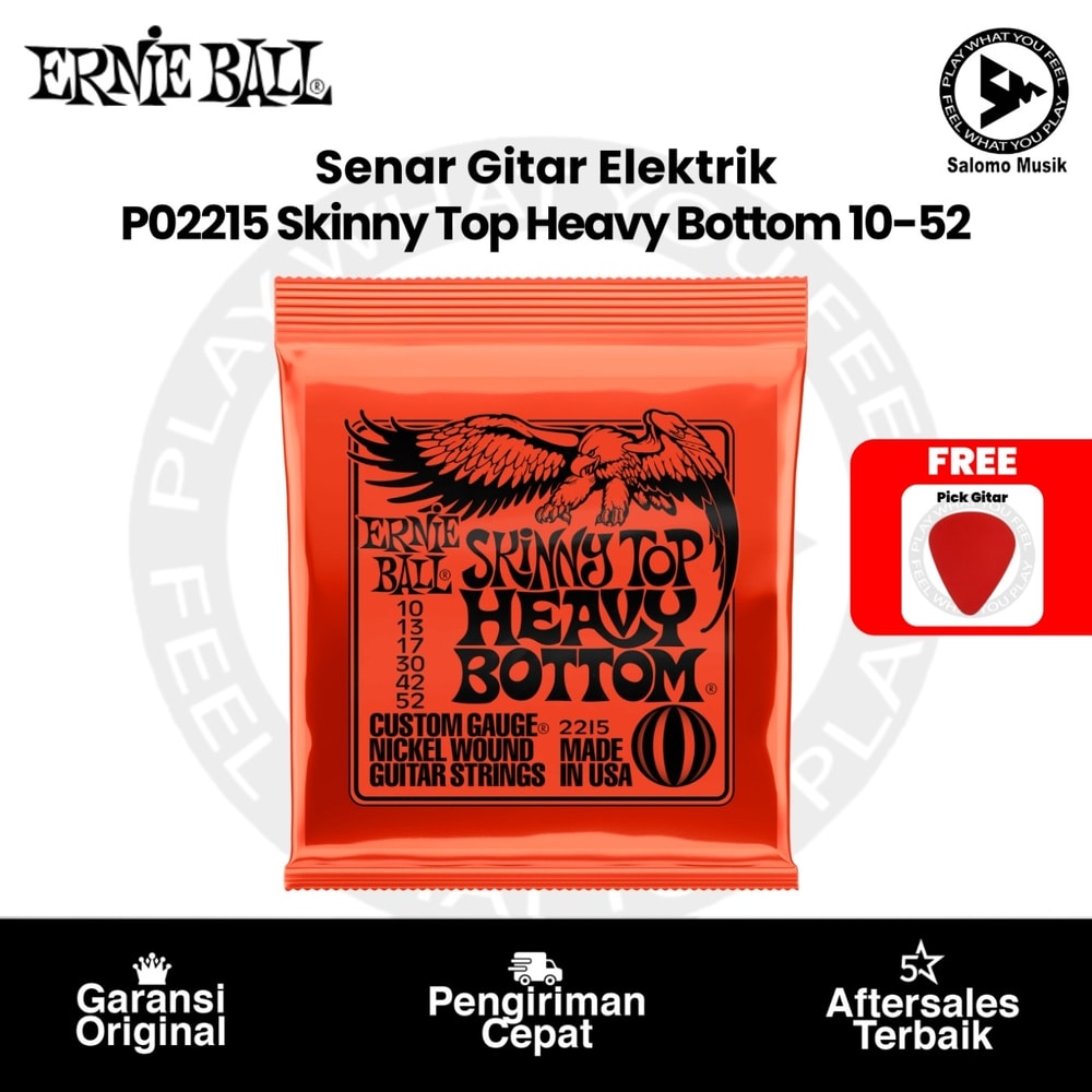 Senar Gitar Elektrik Ernie Ball P02215 Skinny Top Heavy Bottom Slinky Nickel Wound 10-52 + Free Pick Gitar