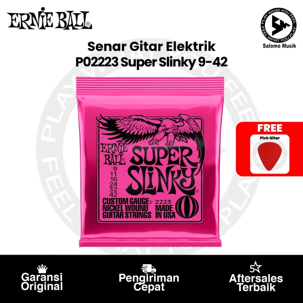 Senar Gitar Elektrik Ernie Ball P02223 Super Slinky Nickel Wound 9-42 Original + Free Pick Gitar