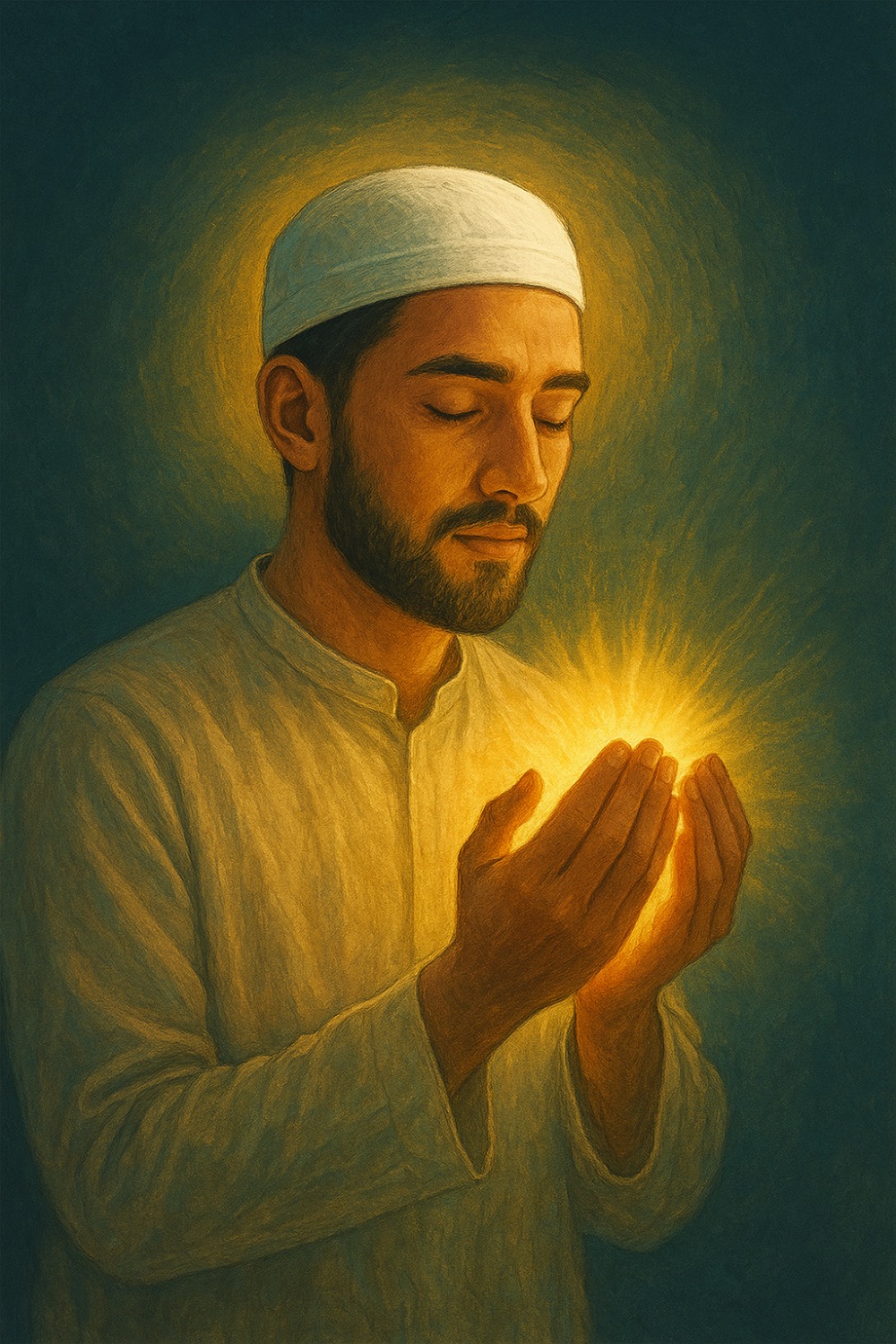 Ilustrasi islamesoteris seorang hamba Allah sedang berdoa, memegang cahaya doa yang menerangi hatinya dengan aura hangat dan damai, melambangkan ketenangan batin dan kejernihan spiritual.