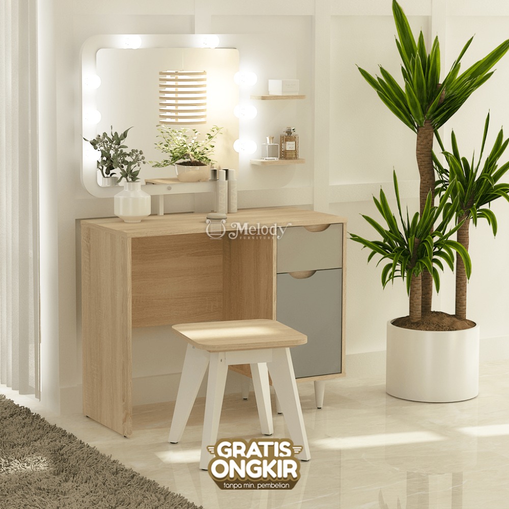 Melody Furniture - Meja Rias dengan Kursi Meja Makeup dengan Lampu Minimalis Florida MR Sol-Varcol