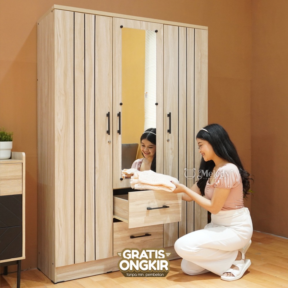 Melody Furniture - Lemari Pakaian Lemari Baju 3 Pintu dengan Cermin Bianca 330 LL Asianoaklight