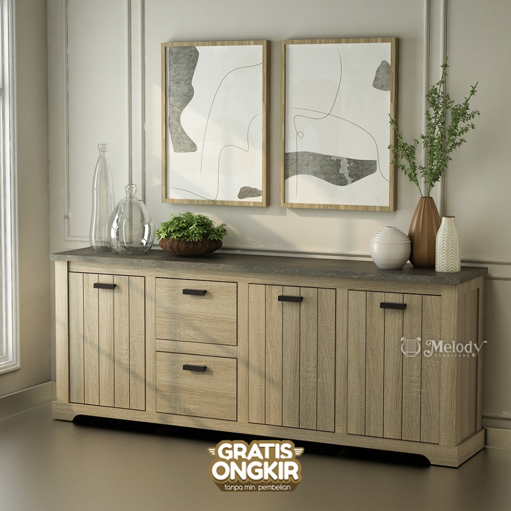 Melody Furniture - Laci Buffet Credenza Serbaguna Zaka Sideboard 220 cm - Sonoma Grey