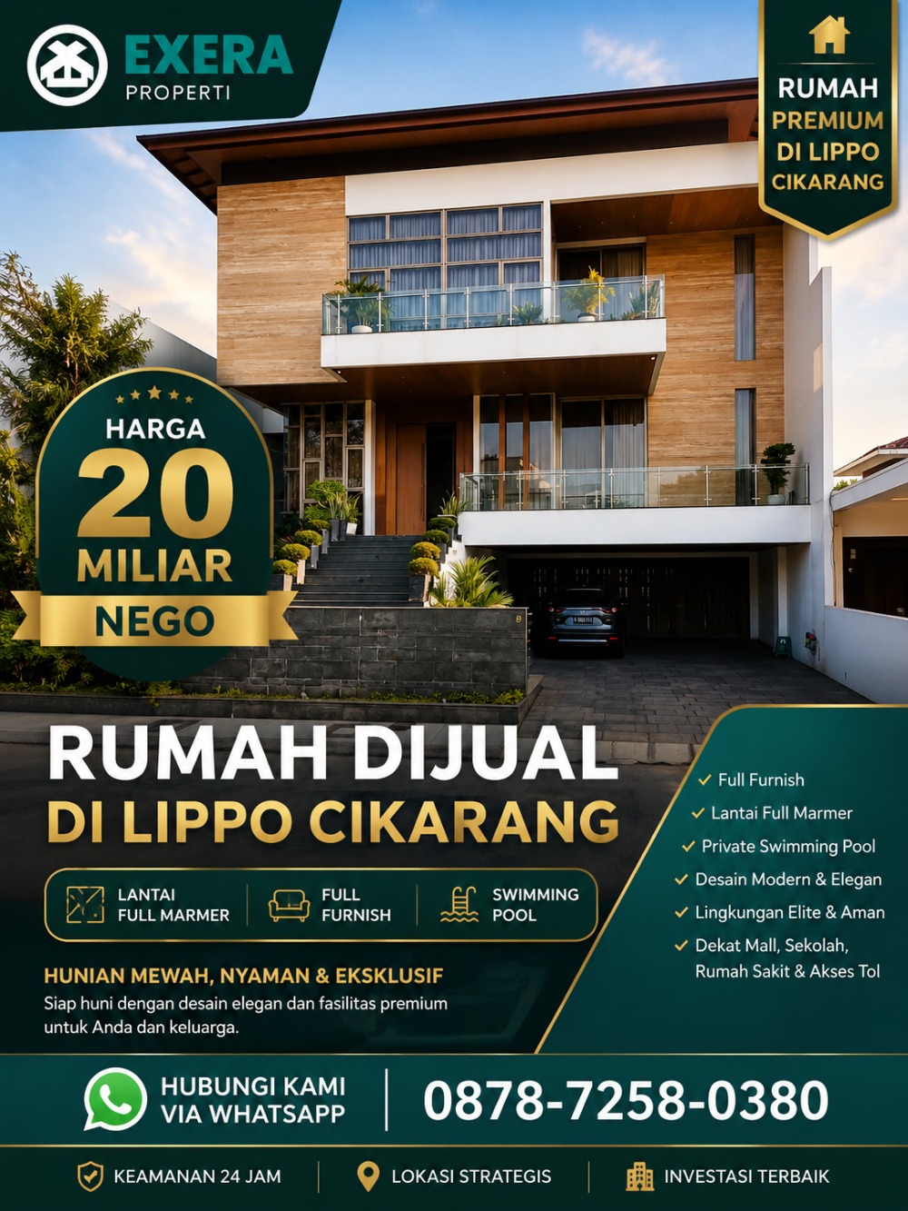 Rumah mewah dijual di Vasa Lake Lippo Cikarang tampak depan