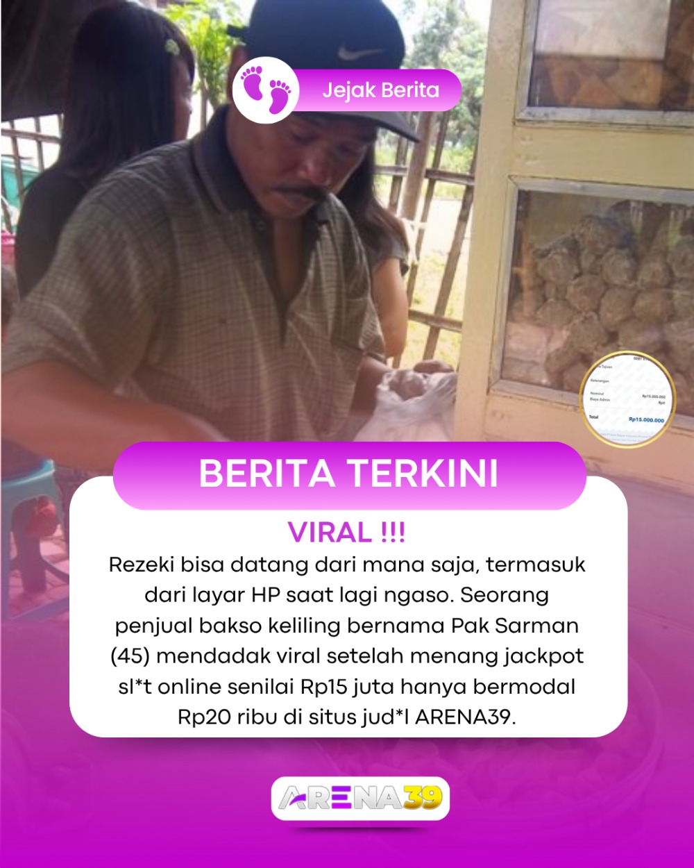Modal Rp20 Ribu, Penjual Bakso Menang Jackpot Rp15 Juta: “Langsung Tak Traktir Istri Makan Ayam Geprek!”