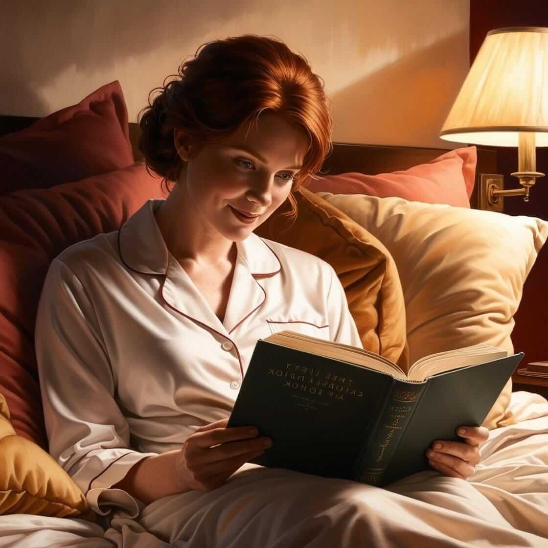 Seorang wanita membaca buku di tempat tidur dengan cahaya lampu yang redup