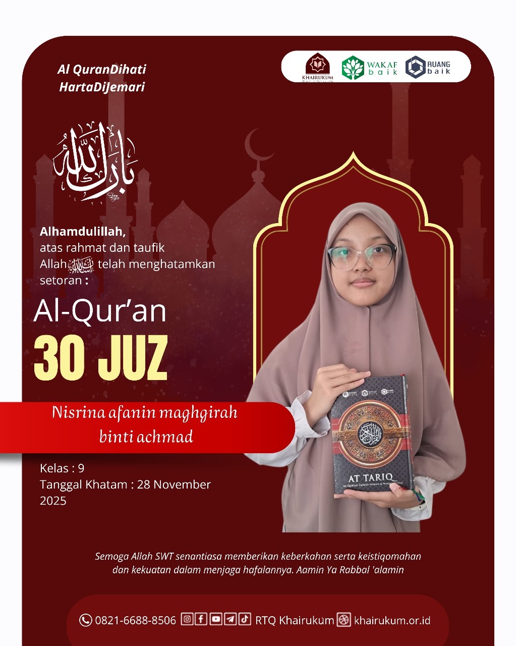 Cetak Lagi Generasi Qurani! Lima Santri Rumah Tahfidz Quran Khairukum Tuntaskan Hafalan 30 Juz dalam Momen Bahagia