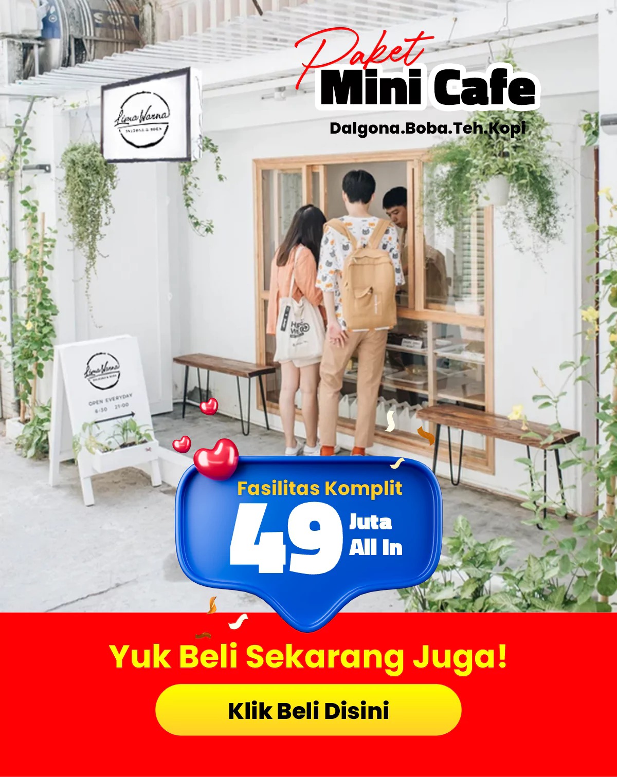 paket mini cafe dalgona boba teh kopi, fasilitas komplit ubah ruko jadi cafe