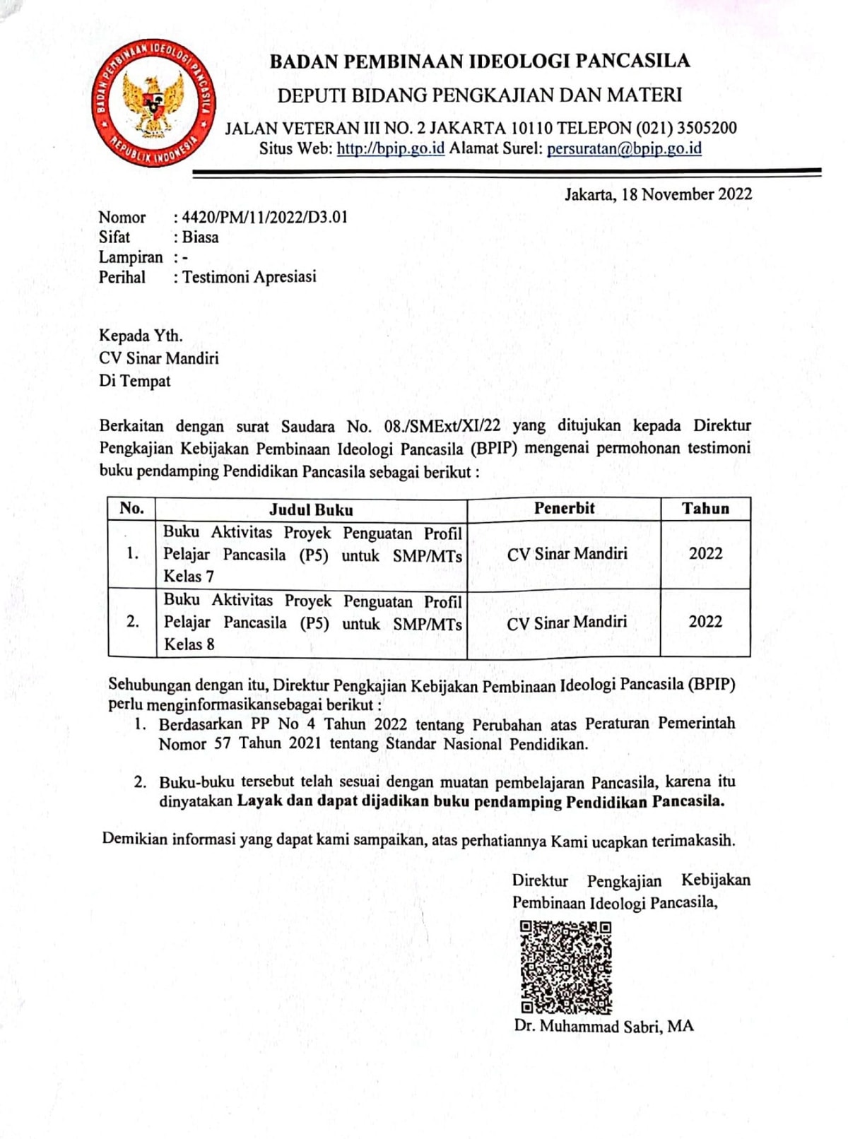 Surat No. 4420/PM11/2022/D3.01