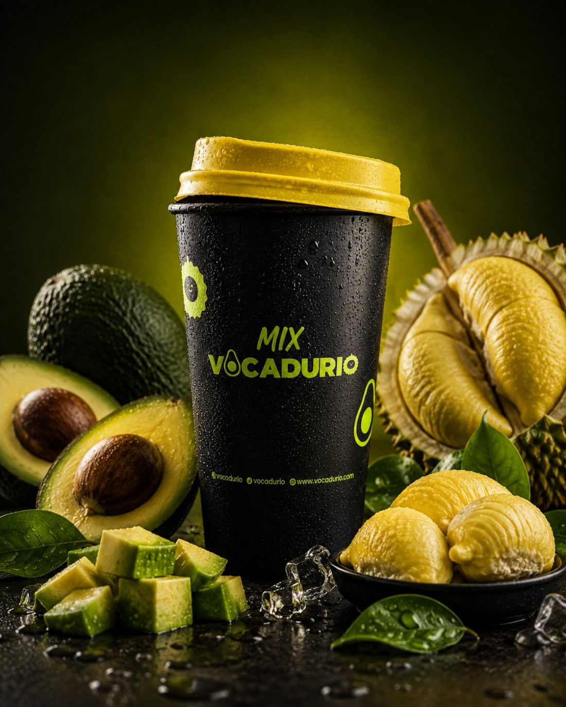 Mix Vocadurio premium dalam kemasan cup hitam eksklusif dengan tutup kuning, dikelilingi alpukat mentega segar yang dibelah, potongan alpukat, daging durian matang berwarna kuning keemasan, es batu bening, dan daun hijau dekoratif. Foto produk bergaya iklan premium dengan pencahayaan dramatis yang menonjolkan perpaduan rasa alpukat creamy dan durian asli yang kaya, lembut, dan menggugah selera.